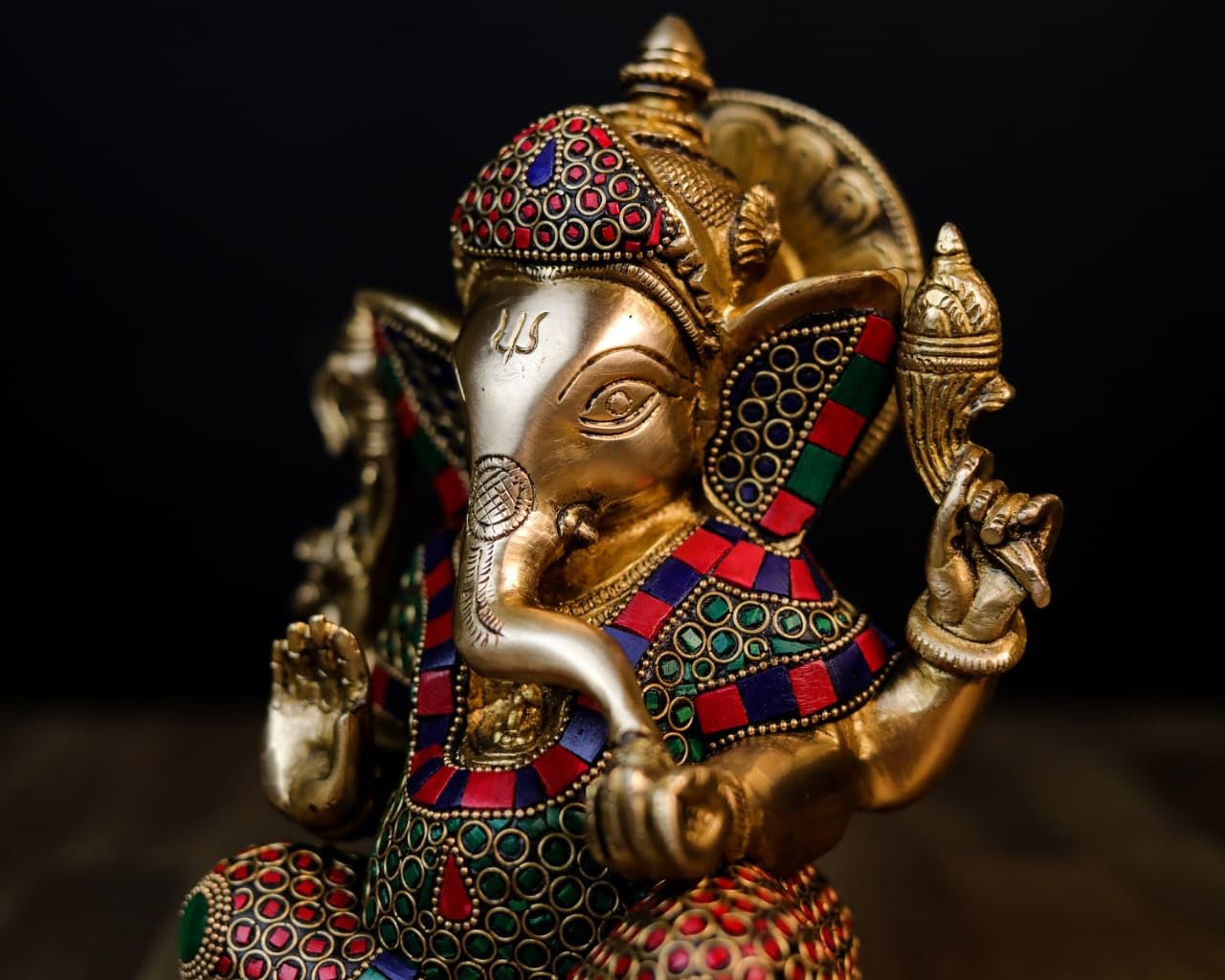 Mridaya Brass Ganesha Statue With Mosaic Stonework, 21 Cm Brass Ganesh Statue, Ganpati Idol, Good Luck Gift For New Beginnings,